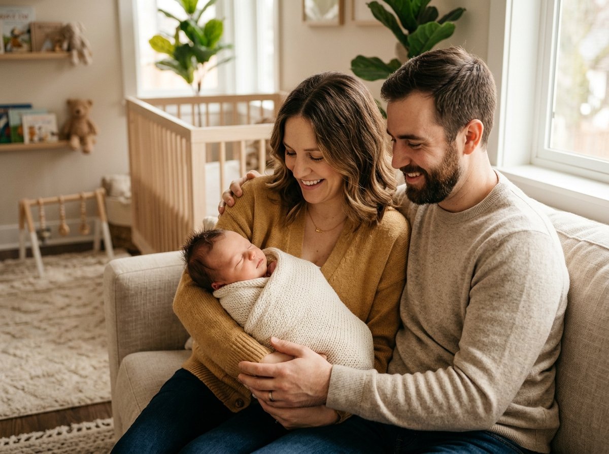 Loving parents smiling gently at their newborn baby boy and girl